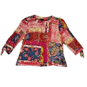 Jones New York Top Womens 1X Mix Floral Boho Patchwork Artsy Split Neck Blouse